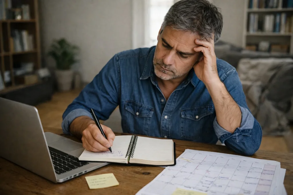 Viajero frustrado al comparar opciones de viaje sin tener información clara para decidir