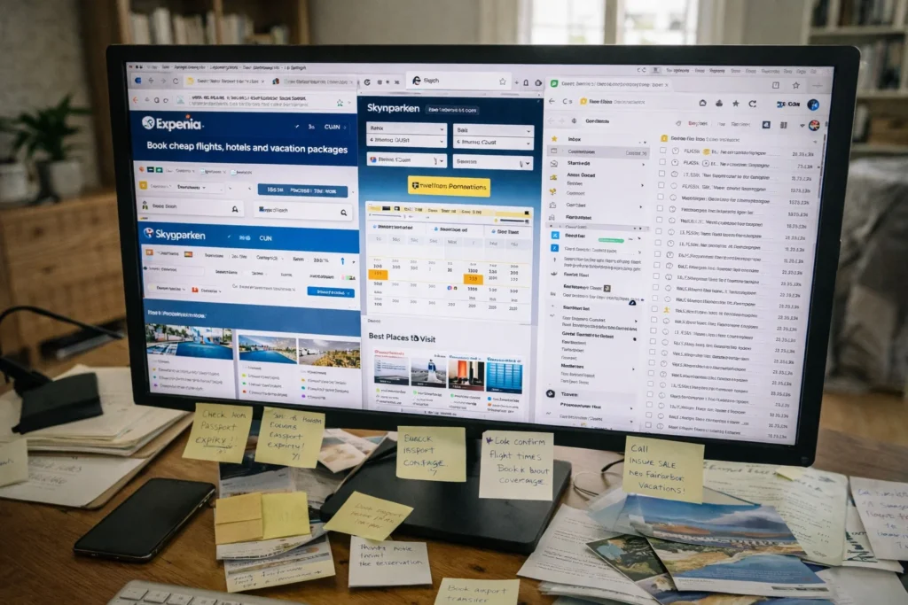 Múltiples pestañas de búsqueda de viajes abiertas mostrando falta de organización en la planeación