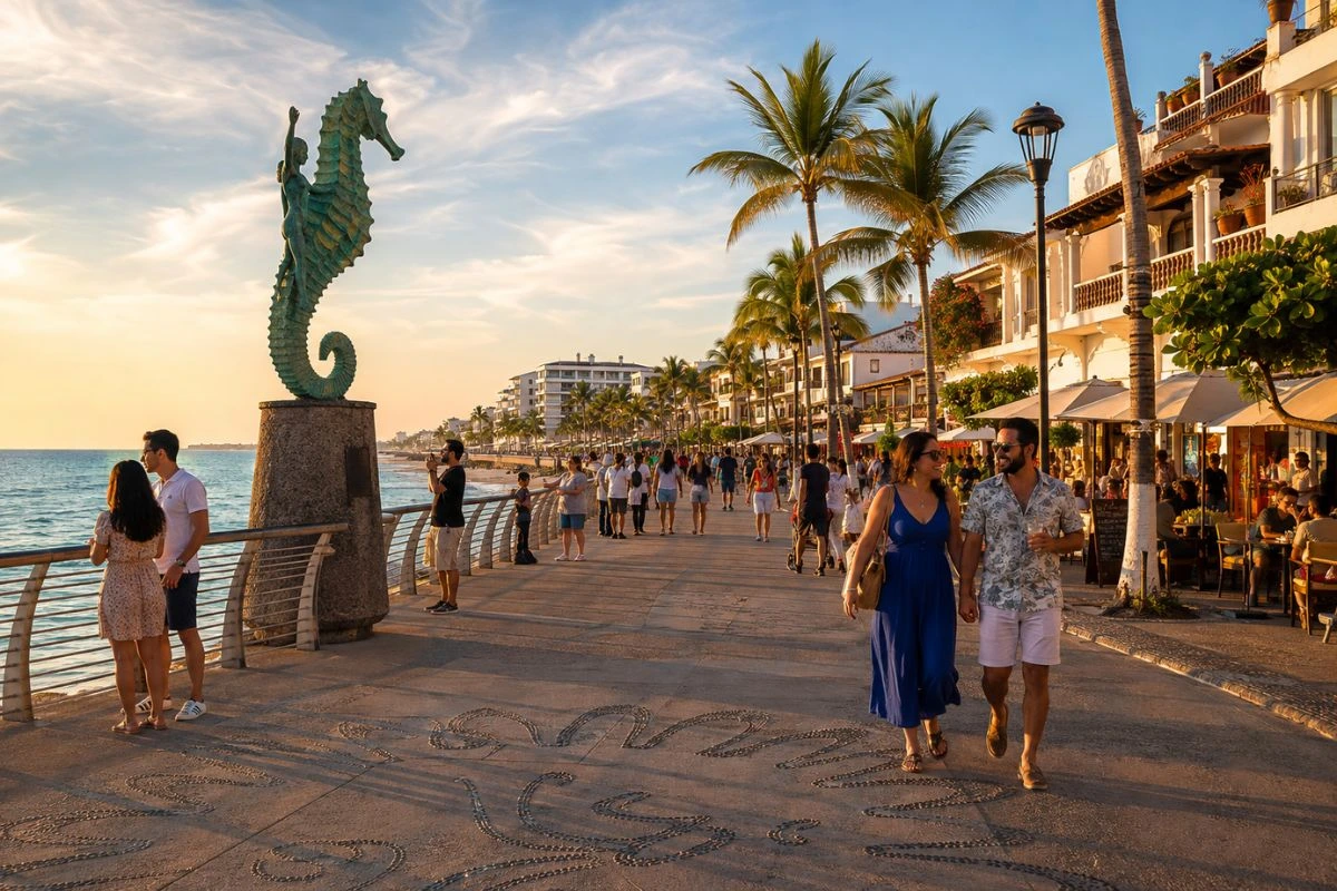 Personas caminando por el Malecón de Puerto Vallarta con esculturas y vista al mar