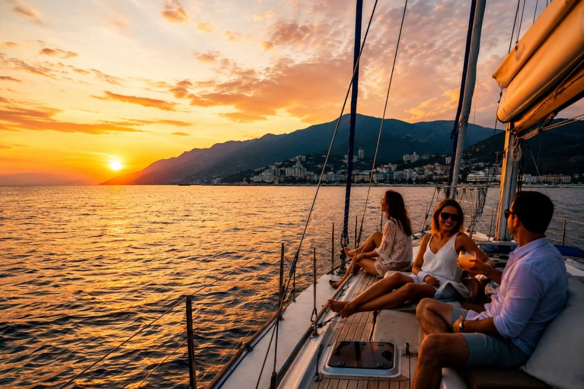 Velero navegando en la bahía de Puerto Vallarta durante un atardecer