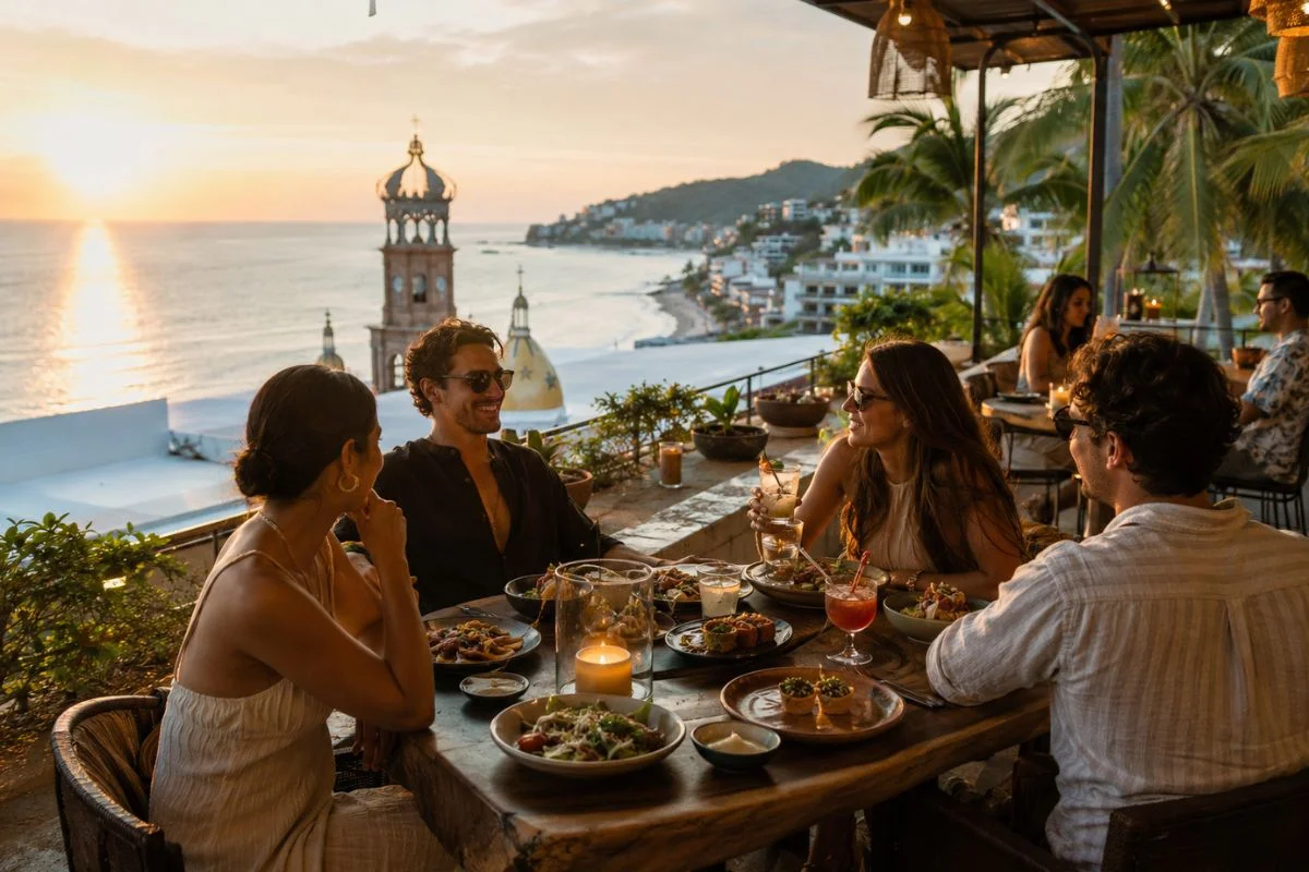 Grupo de amigos disfrutando una terraza frente al mar en Puerto Vallarta