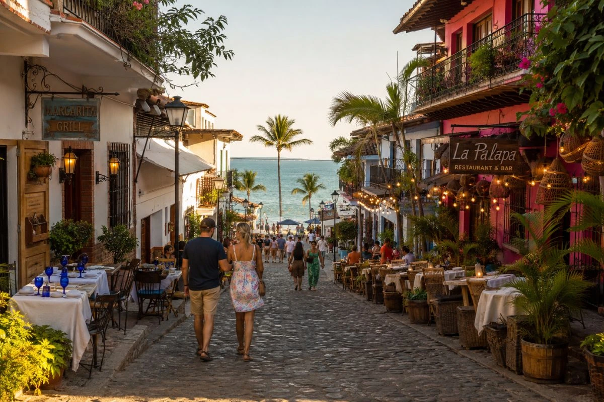Zona Romántica de Puerto Vallarta con Playa Los Muertos, calles y restaurantes