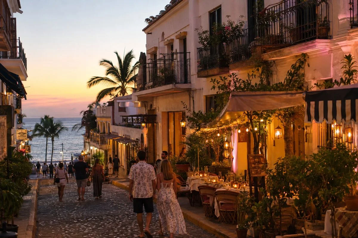 Zona Romántica de Puerto Vallarta con calles, restaurantes y acceso a la playa