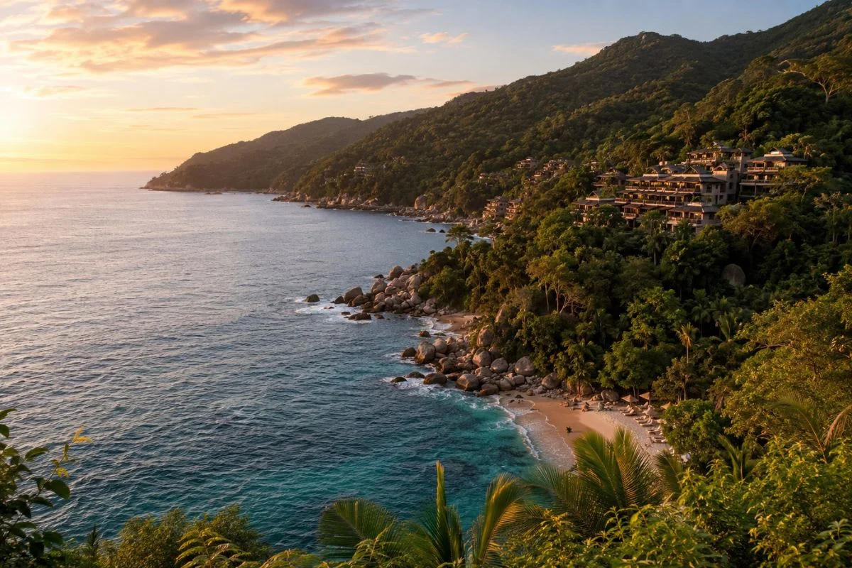 Zona Sur de Puerto Vallarta con bahía, montañas y vegetación tropical